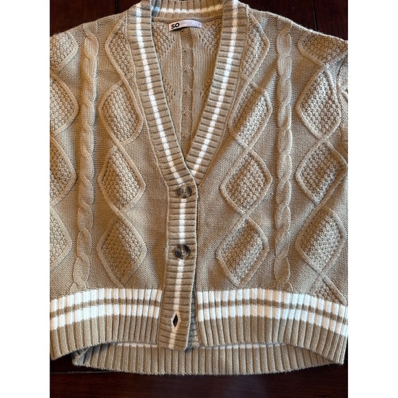 SO Cable Knit Cardigan Sweater Women's Small Beige Brown White Striped - Picture 1 of 7